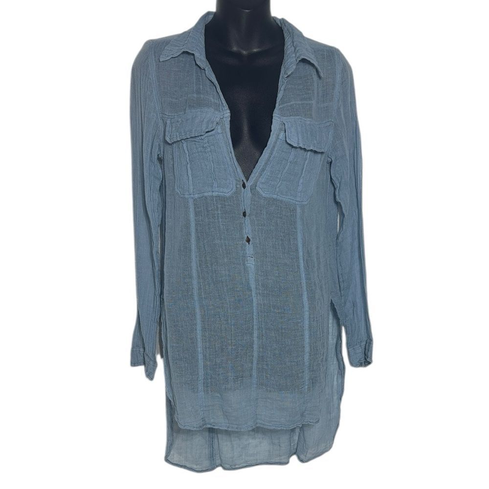 Free people one women’s xs talk to me long sleeve popover gauze tunic shirt blue